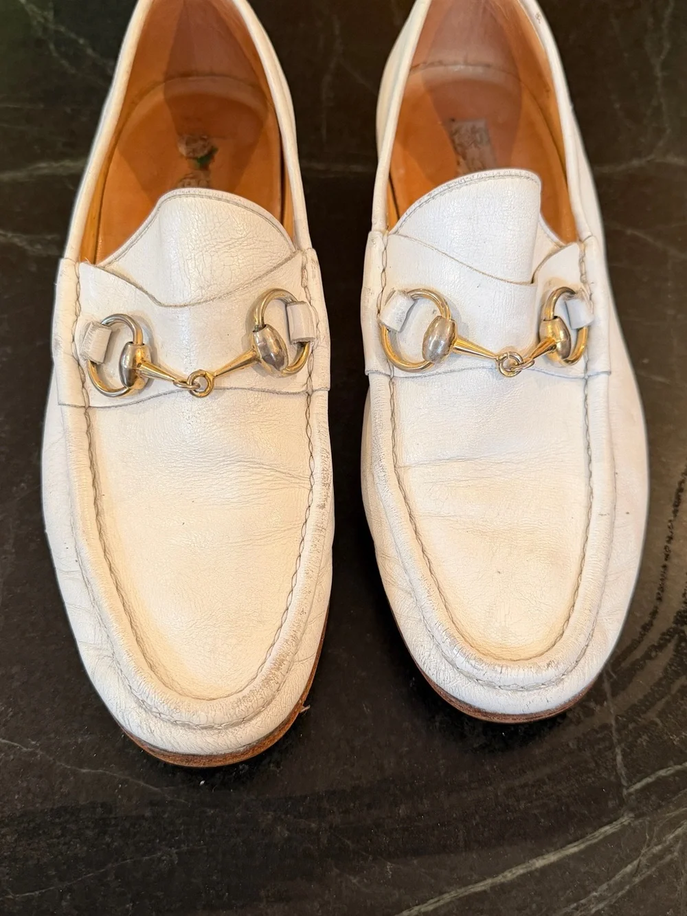 Gucci White Leather Horsebit Loafers